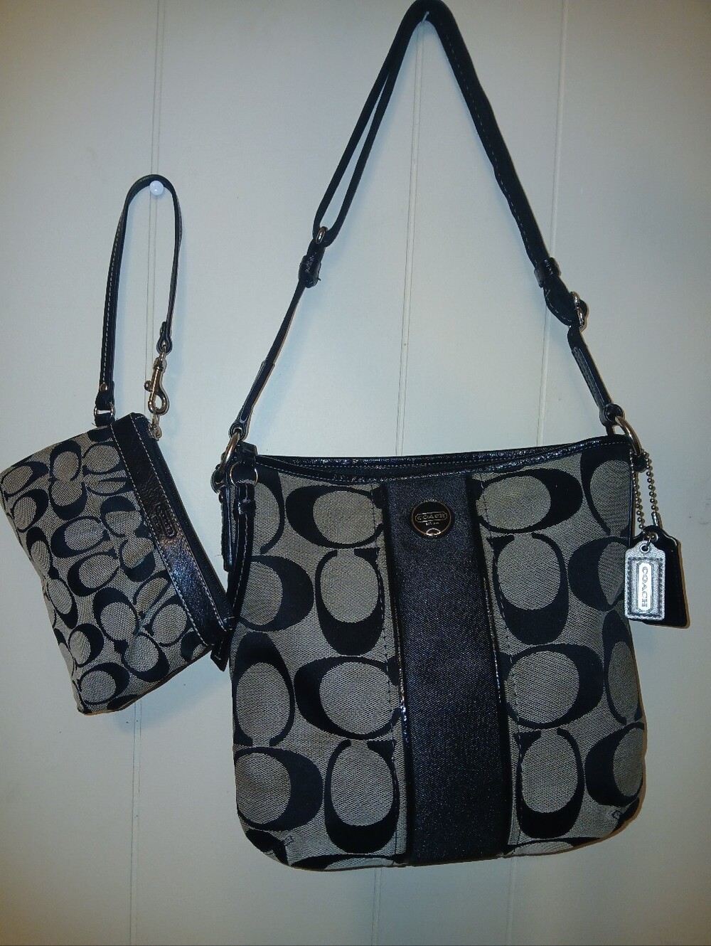 Coach Black and Gray Signature Canvas Tote with Wristlet
